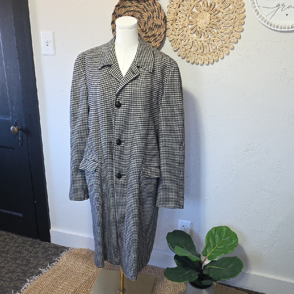 Vtg Penney's Gentry Black & White Houndstooth Wool Maxi Coat Men's XL  Unisex